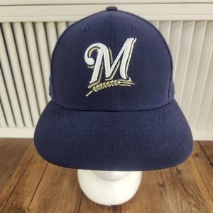 New Era 59Fifty 5950 MLB Milwaukee Brewers Big M Blue Adult 7 1/4 Fitted Hat Cap